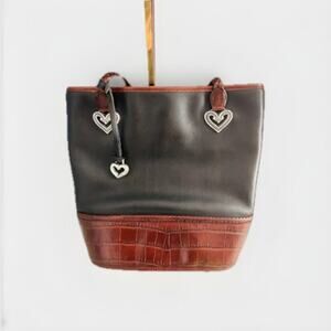 Vintage Brighton Black Leather Caroline Bucket Bag Purse Hearts Brown Croc Tote